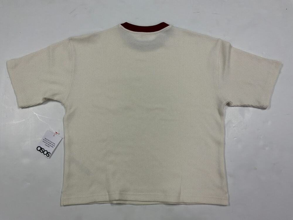 ASOS DESIGN Super Heavyweight Waffle Boxy T-Shirt Mens S Cream Red Ringer Pocket